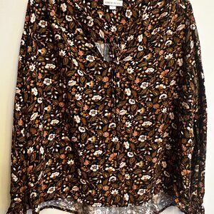 Knox Rose Green Floral Boho Blouse Medium Smocked Cuff Tie Neck